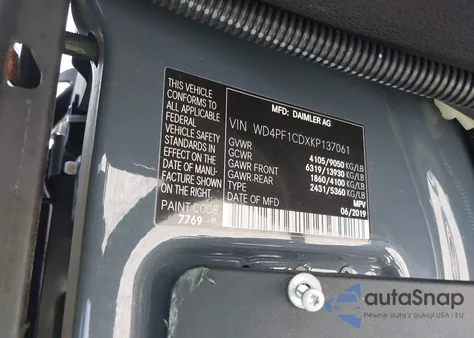 2019 Mercedes-Benz Sprinter 2500 High Roof V6 из США, поврежденный, VIN WD4PF1CDXKP137061